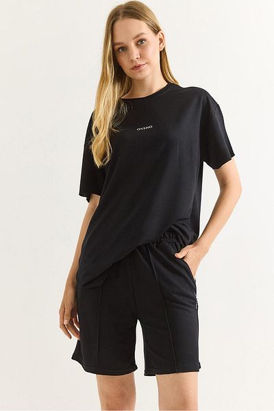Raneel Kazançlı Alışveriş Printed Soft Textured Shorts Double Tracksuit Set Black