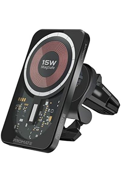 Promate Magnetic Wireless Car Charger, Ultra-Fast MagSafe Transparent Car Charger with 15 W Output,