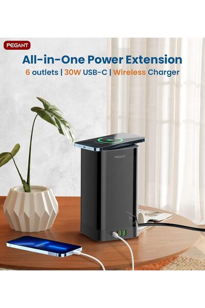 Generic PEGANT 3-in-1 USB-C Tower Power Extension Lead With 15W Wireless Charger, 4 USB Ports, Elegant Cord