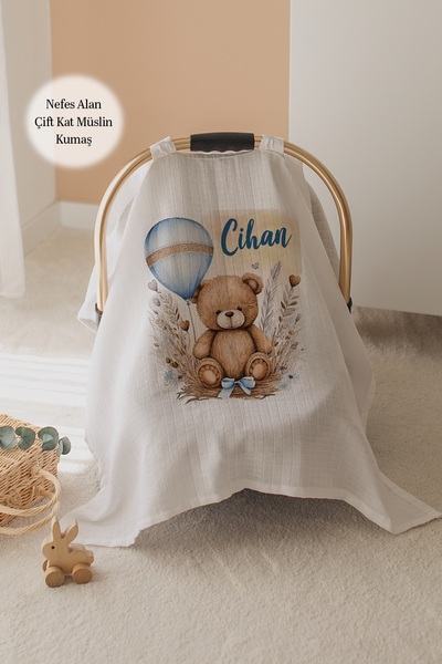 Lilabio %100 Pamuk İsme Özel Çift Katlı Müslin Puset Örtüsü - Ayıcık