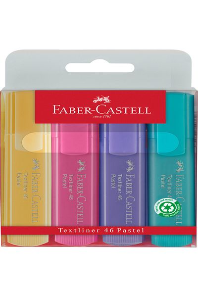 OEM FaberCastell, Textliner 46, marker pastel, set 4 buc., vârf durabil 125 mm, cerneală pe bază de apă