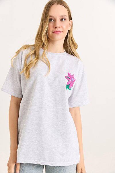 Raneel Kazançlı Alışveriş Printed Crew Neck Basic Tshirt Gray