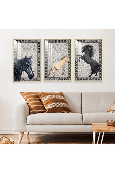 Marktna ثلاث لوحات جدارية خشبية بتصميم حصان مع برواز خشبي ذهبي و طبقة من الاك...