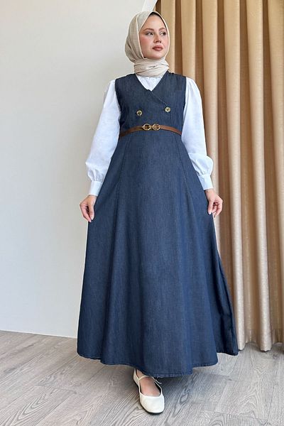 InStyle Belted V-Neck Dark Blue Denim Gilet Dress