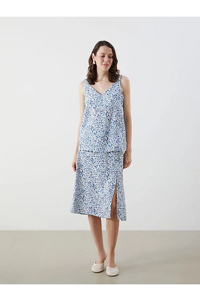 LC Waikiki LCWAIKIKI Fusta clasică albastră cu talie elastică florală în formă de A