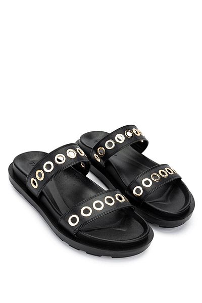Tamer Tanca Women's Genuine Leather Black Flat Slippers