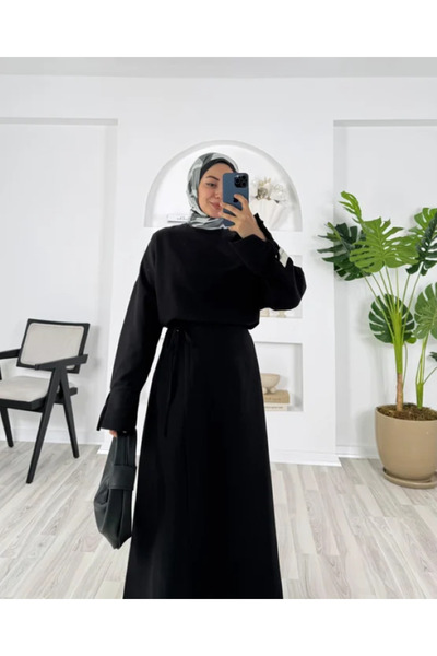 EFSUN MODA Linen Skirt Suit with Sleeves with Drawing One Sleeve Label Detail