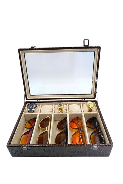DİJİTAL ÇARŞI MAĞAZACILIK Diji 5 Glasses 5 Watch Box Watch and Glasses Bag Crocodile Brown Inside Cream Cream Padded