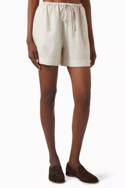 12storeez Elastic Drawstring Relaxed Fit Linen Women's Shorts, Cream