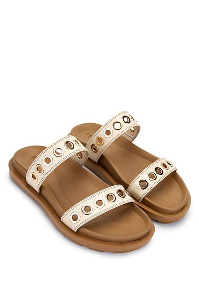 Tamer Tanca Women's Genuine Leather Beige Flat Slippers
