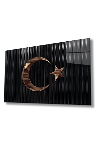 idealizbiz Türk Bayrağı Cam Tablo Bakır Renk Modern Ev Ofis Salon Kurum Hediyelik Tablo