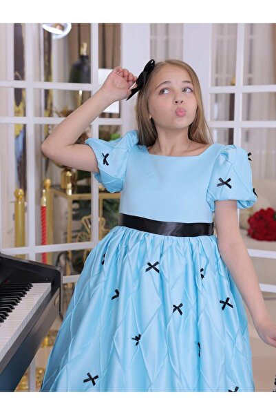 PRENSES KİDS Satin Ribbon Baklava Pattern Children's Dress