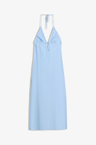 Bershka Linen blend halter midi dress with tie detail