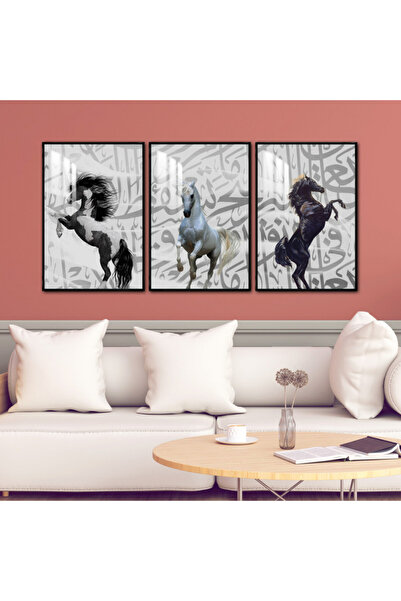 Marktna ثلاث لوحات جدارية خشبية مع برواز خشبي اسود و طبقة من الاكريلك الشفاف