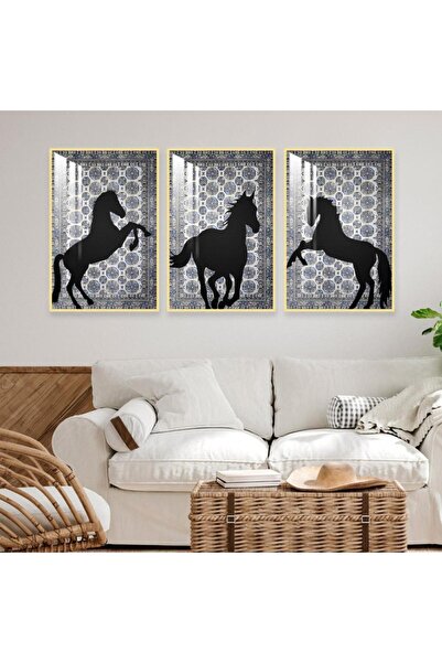 4gdran ثلاث لوحات جدارية خشبية بتصميم حصان مع برواز خشبي ذهبي و طبقة من الاكر...