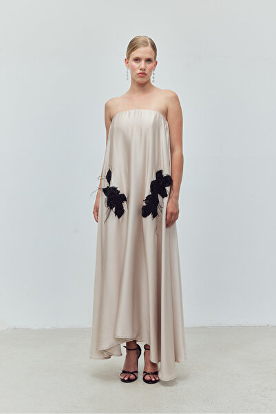 Bohai Design Ekru Bej Renk Straplez Uzun Şık Davet Özel Gün Elbisesi