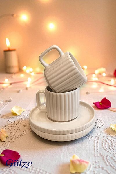 GÜLZE HOME 2 Person (4 Piece) Saturn Model Luxury Coffee Cup Set (Special Design, Real Porcelain)