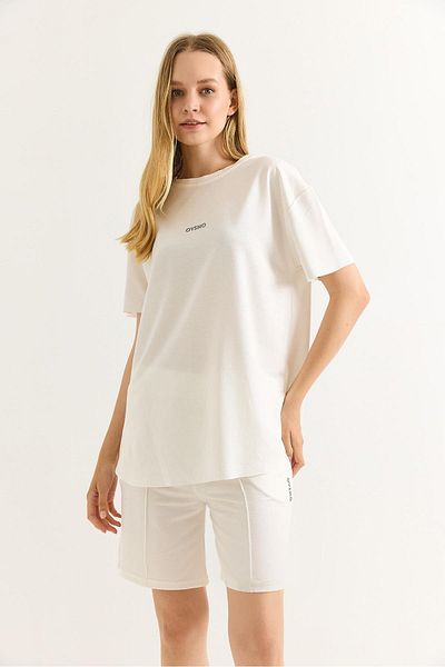 Raneel Kazançlı Alışveriş Printed Soft Textured Shorts Double Tracksuit Set White