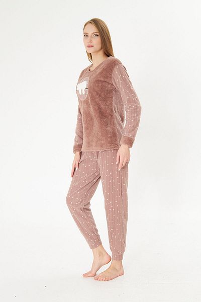 Pajama Shop Women's Brown Teddy Bear Patterned Well Soft Soft Textured Winter Fleece Long Sleeve Pajama Set