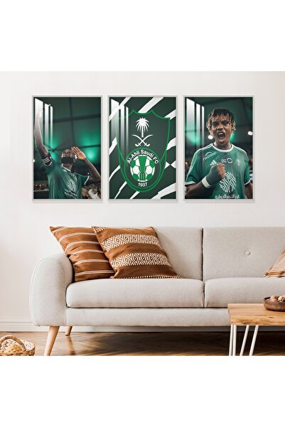 Marktna ثلاث لوحات جدارية خشبية بتصميم رياضي لنادي الأهلي مع برواز خشبي فضي و طبقة من الاكريلك الشفاف