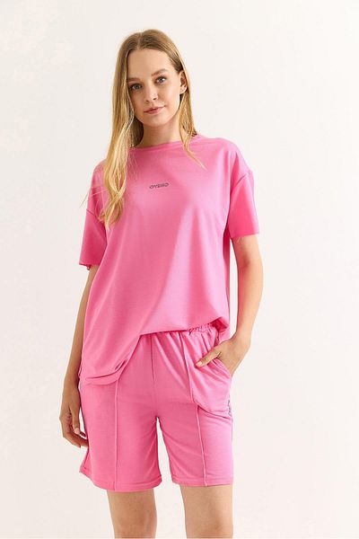 Raneel Kazançlı Alışveriş Printed Soft Textured Shorts Double Tracksuit Set Pink