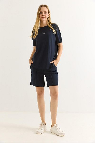Raneel Kazançlı Alışveriş Printed Soft Textured Shorts Double Tracksuit Set Navy Blue