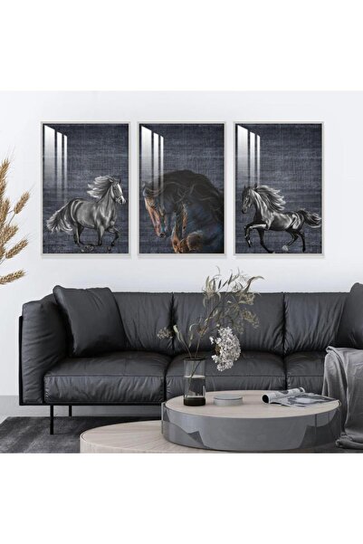 SND ثلاث لوحات جدارية خشبية بتصميم حصان مع برواز خشبي فضي و طبقة من الاكريلك ...