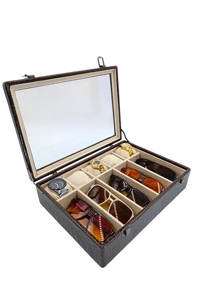 DİJİTAL ÇARŞI MAĞAZACILIK Diji 5 Glasses 5 Watch Box Watch and Glasses Bag Crocodile Brown Inside Cream Cream Padded