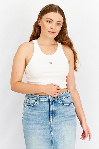 Sinsay Women Round Neck Sleeveless Embroidered Crop Top, White