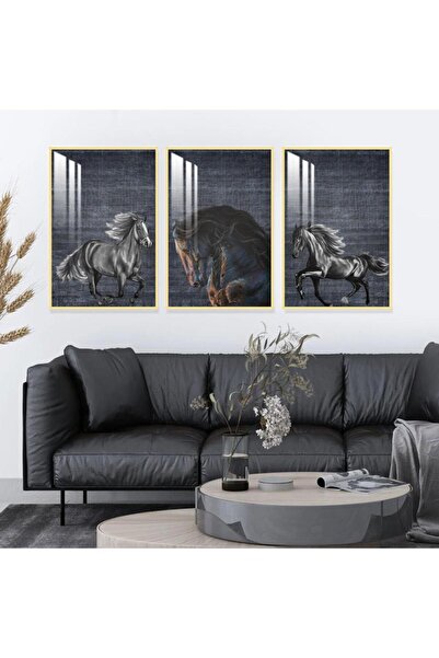 SND ثلاث لوحات جدارية خشبية بتصميم حصان مع برواز خشبي ذهبي و طبقة من الاكريلك...
