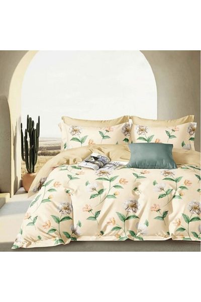 Pucioasa Lenjerie de pat dublu percale crem cu flori, bumbac 100%, cearceaf pilota 200x230cm, PRC190