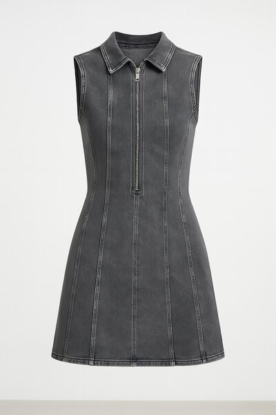 HAKKE Polo Neck Zippered Denim Dress