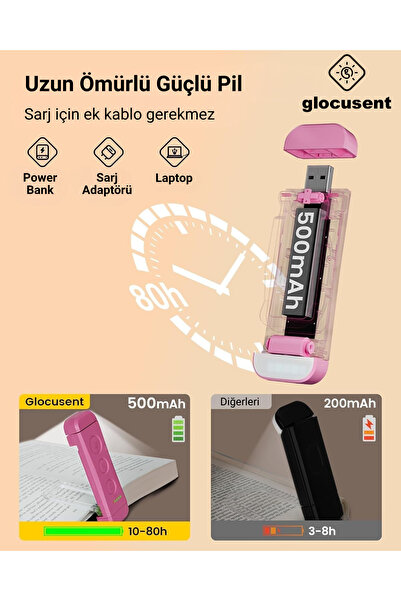 Glocusent USB Şarj Edilebilir LED Kitap Ayracı Arası Okuma Işığı Ayracı Portatif Şarj Edilebilir Pembe