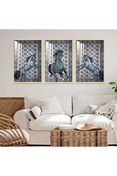 Marktna ثلاث لوحات جدارية خشبية بتصميم حصان مع برواز خشبي ذهبي و طبقة من الاك...
