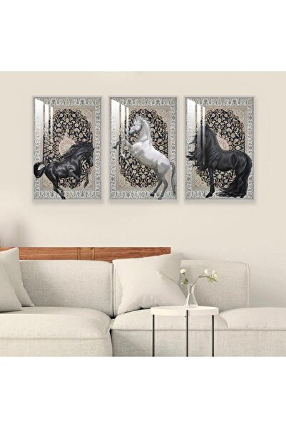 Marktna ثلاث لوحات جدارية خشبية بتصميم حصان مع برواز خشبي فضي و طبقة من الاكر...