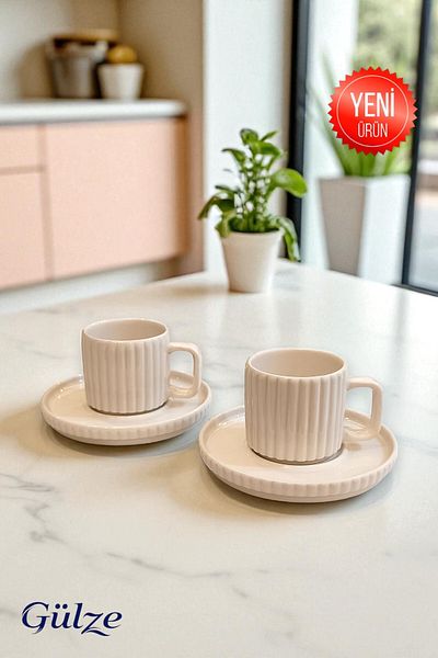 GÜLZE HOME 2 Person (4 Piece) Saturn Model Luxury Coffee Cup Set (Special Design, Real Porcelain)