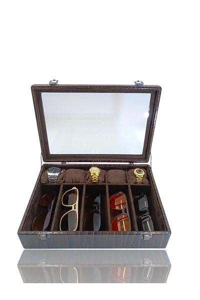 DİJİTAL ÇARŞI MAĞAZACILIK Diji 5 Glasses 5 Watch Box Watch and Glasses Bag Crocodile Coffee Inside Coffee Coffee Padded