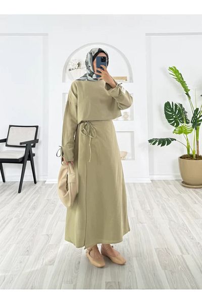 EFSUN MODA Linen Skirt Suit with Sleeves with Drawing One Sleeve Label Detail