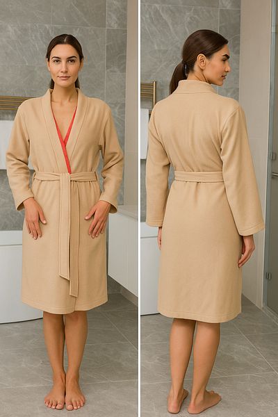LaraLisa Collection Hooded Pocket Waist Belted 100% Cotton Beige Inside Fuchsia Bath Robe