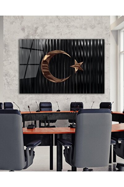 idealizbiz Türk Bayrağı Cam Tablo Bakır Renk Modern Ev Ofis Salon Kurum Hediyelik Tablo