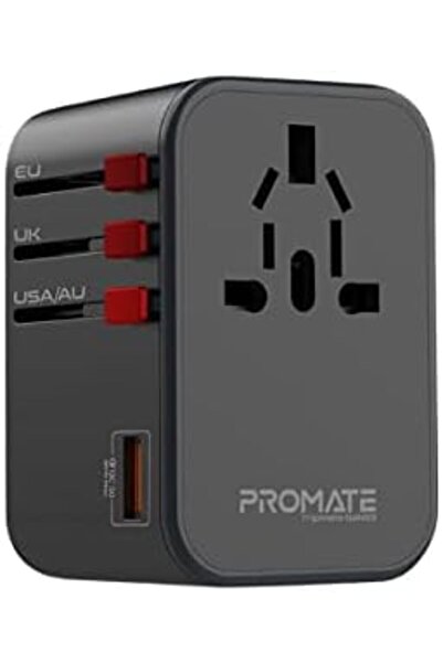 Promate Promate Travel Adapter, Universal GaN Charge Adapter with 1840W AC Socket, 65W Dual USB-C™ Power D