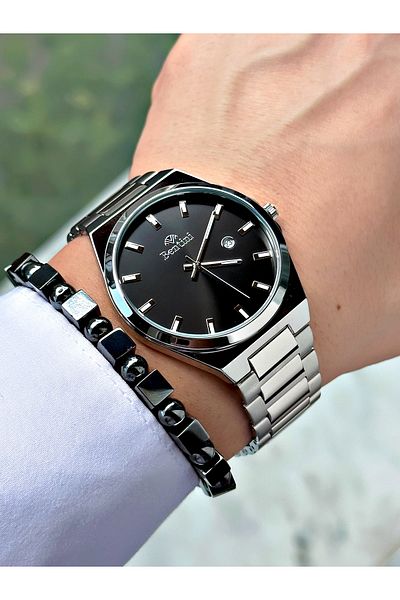 Bentini Men's Wrist Watch with Calendar – Steel Band, Waterproof, 2-Year Warranty, Gift Bracelet