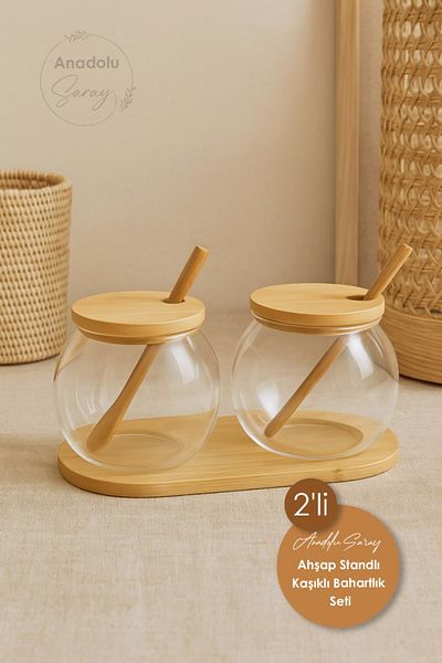 Anadolu Saray Glass Jar Set of 2 with Wooden Lid – Coffee Sugar Storage Container with Spoon and Tray