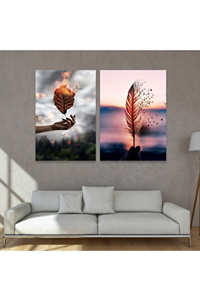 4gdran لوحة قماشية ثنائية بنقشة ريشة مع برواز خشبي مخفي