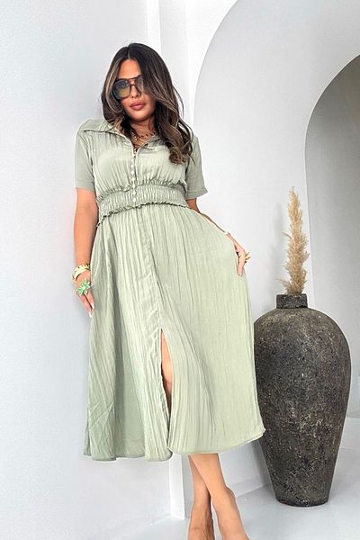 Sohotique By P Wrinkle Effect Elastic Waist Dress Khaki