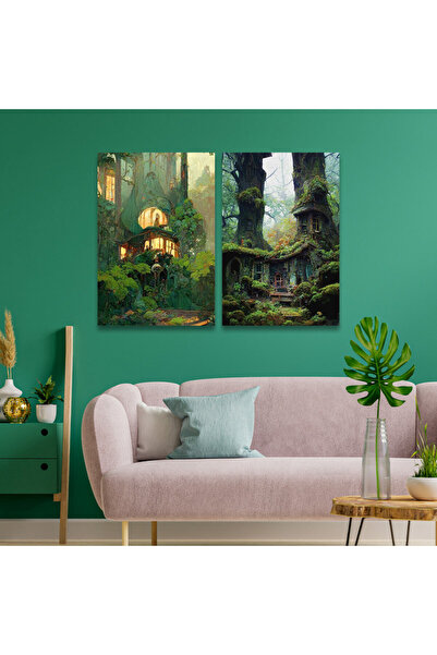 SND لوحة قماشية ثنائية بتصميم غابة مع برواز شامبين مجوف