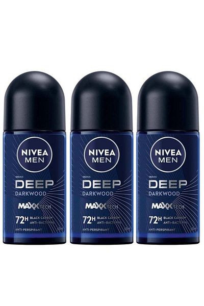 NIVEA 3-Pack Roll-On Deodorant for Men Anti-Bacterial Dark Black Wood Scent 50ml