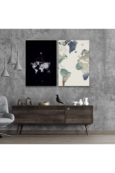 4gdran Map Design Double Panel Canvas Painting with Hollow Gold Frame