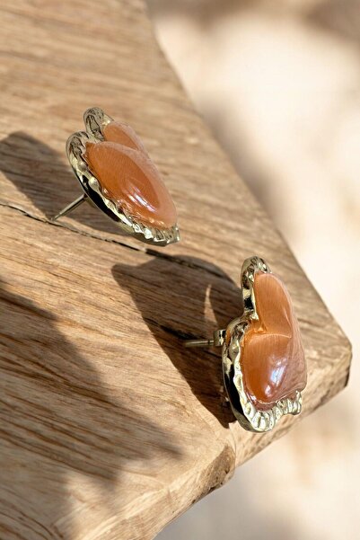Raneel Kazançlı Alışveriş Orange Stone Heart Gold Earrings