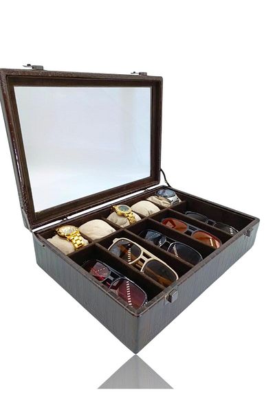 DİJİTAL ÇARŞI MAĞAZACILIK Diji 5 Glasses 5 Watch Box Watch and Glasses Bag Crocodile Brown Inside Brown Cream Cushioned
